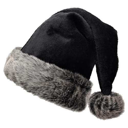 FUEAWIM Black Christmas Santa Hat for Adults Plush Christmas Headwear for Women Men Xmas Holiday New Year Party