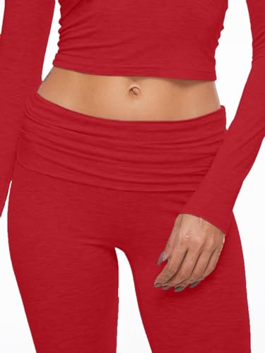 Image of AnotherChill Women's Long Sleeve Top Foldover Flare Pants Lounge Set | 2 piece cropped shirt and slim flare trousers comfy loungewear, soft modal casual matching sets, travel airport outfits
