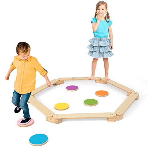 GLACER Kids Balance Beam & Stepping Stones, Wooden Balance Board for Gymnastics Obstacle Course, Montessori Toy, Montessori Wooden Furniture, Indoor & Outdoor 12-Piece Play Equipment for 3-7 Years Old 