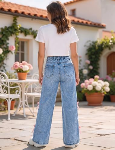 Image of Jeans for Girls Baggy Wide Leg Cute Bow High Elastic Waisted Denim Pants Y2K Boyfriend Skater Streetwear 7-14Y