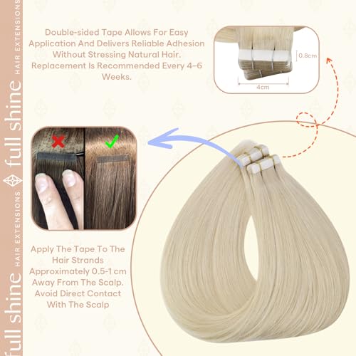 Image of Full Shine Human Hair Tape in Extensions, Ash Blonde 18 Inch | 50g 20PCS, Brazilian Straight Tape Ins Human Hair Extensions Invisible Seamless Natural Volume Thick End for Wedding