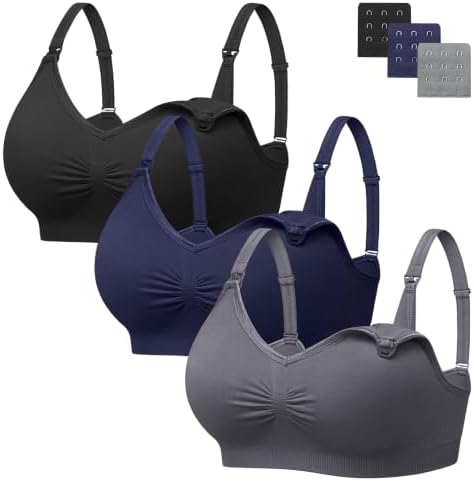 HBselect Nahtloser Schwangerschafts Still BH mit extra BH-Verlängerungen | 3er Set Still-BHs ohne Bügel, viele Farben & Größen wählbar, mit Stillverschluss für werdende und stillen