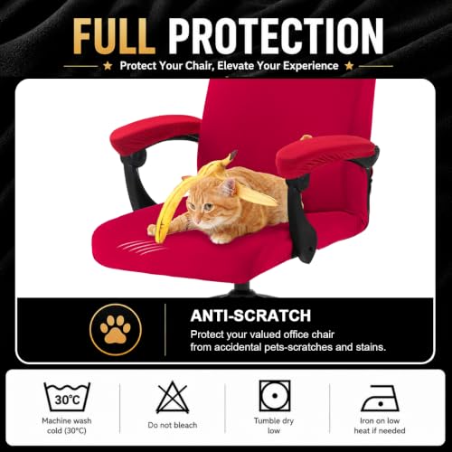 Image of Stretch Computer Office Chair Cover with Armrest Covers Durable Zipper Universal Washable Removable Spandex Rotating Boss Chair Slipcovers Anti-dust Soft Desk Chair Seat Protector, Red