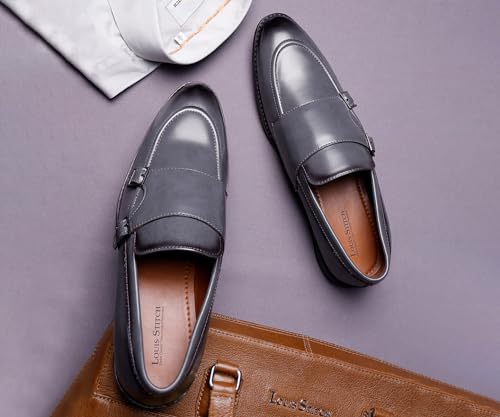 Image of LOUIS STITCH Oxford Formal Shoes for Men | Slip-on Monk Style | Office Shoes for Men | Ideal for Business, Casual, Parties | Solid Ash Grey UK Size 09 (LSRG FM)