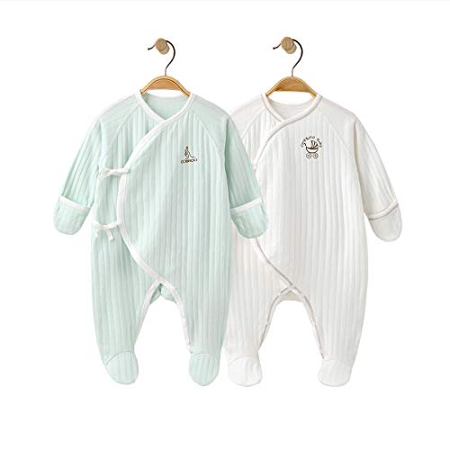 COBROO 2-Pack Baby Footed Pajamas with Mittens 100% Cotton White/Green Unisex Newborn Pajamas Set
