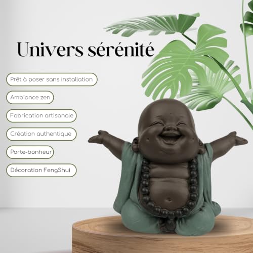 Boudha Rieur Bienvenue – Statuette Porte Bonheur - Décoration Zen et Feng Shui – pour Créer Une Ambiance Relaxante et Spirituelle – Idée Cadeau – Largeur: 6cm – Couleur : Vert et Marron – Zen’Light – vue 2