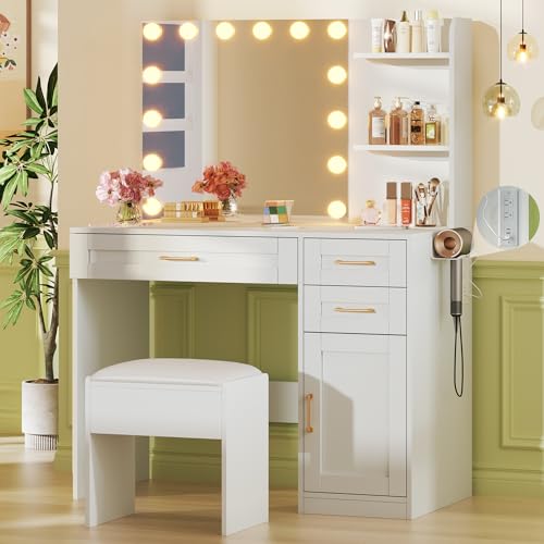 HUAHUU Vanity Desk with Lights, 37inch Makeup Vanity Desk with Mirror & Power Outlet, 3 Colors Lighting Adjustable Brightness, Makeup Vanity Set with Cushioned Chair and Cabinet, 3 Drawers, White