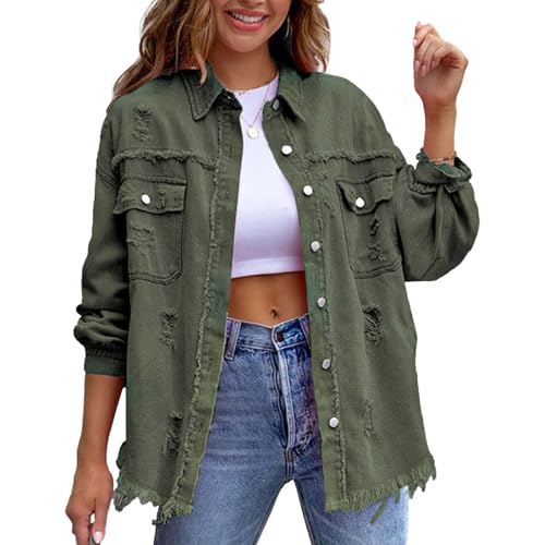 Women Denim Jacket Ripped Fringe Jean Jackets Trendy Classic Lapel Button Down Up Frayed Hem Shacket with Pocket