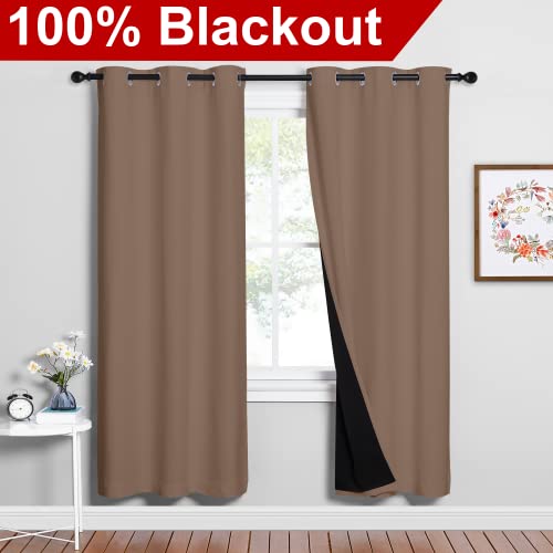 Image of NICETOWN Living Room Completely Shaded Draperies, Privacy Protection & Noise Reducing Ring Top Drapes, Black Lined Insulated Window Treatment Curtain Panels(Cappuccino, 2 Pieces, W42 x L72)