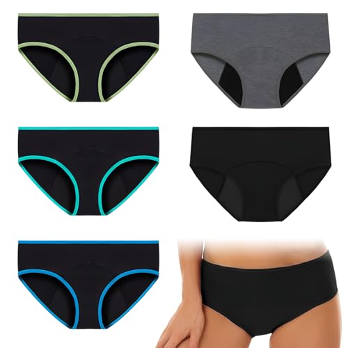 5 PCS Teen Period Pants,Period Pants for Teenage Girls,Soft Cotton Menstrual Underwear Heavy Flow,Mid-low Waist Leakproof Knickers with 3-Layer,Protection for School,Night,Travel Multicolor