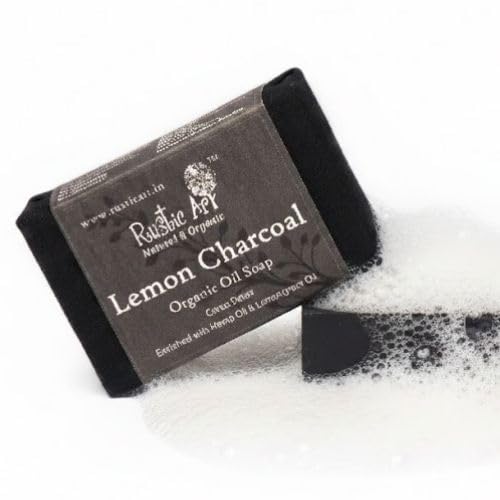 Image of Rustic Art Lemon Charcoal Soap | De-Tan & Oil Control | Handmade Organic | For Women & Men | 100g