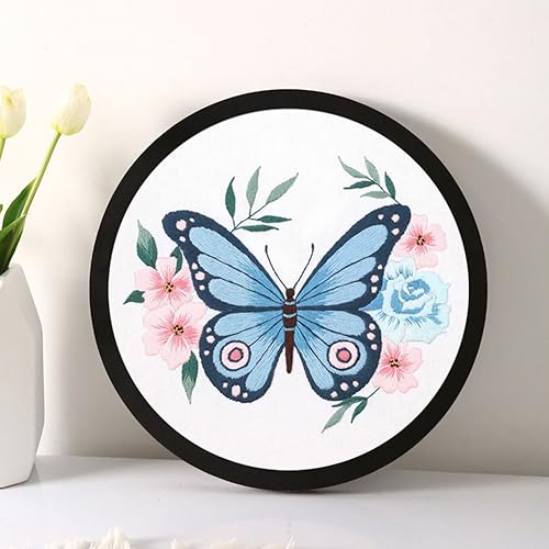 Image of Esffaci Embroidery Starter Kit for Adult Beginner with Blue Butterfly Flowers Pattern Hand Embroidery Set with Cloth Hoop Needle Threader Floss and Instruction