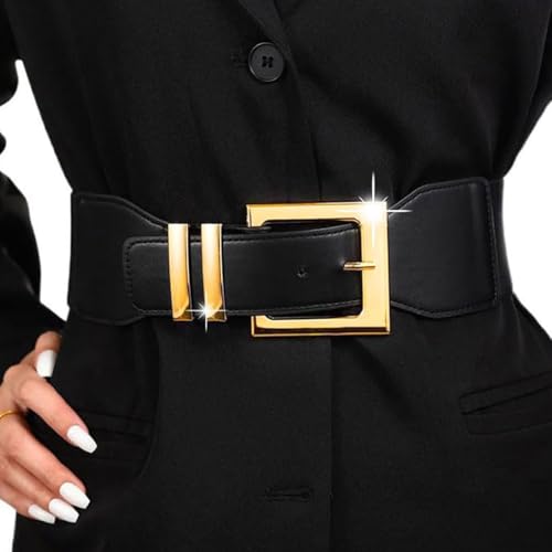 Women Elastic Wide Belt Stretchy Waist Belt for Dresses Fashion Gold Buckle Leather Waistband for Ladies