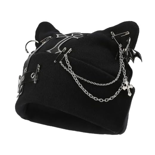 Muorruo Goth Cat Beanie, Goth Hut Zubehör Punk Cat Ear Beanie Hut für Frauen, Y2k Grunge Gothic Beanies Strickmütze Streetwear, Mütze Damen mit Kette, Für Festivals, Streetwear