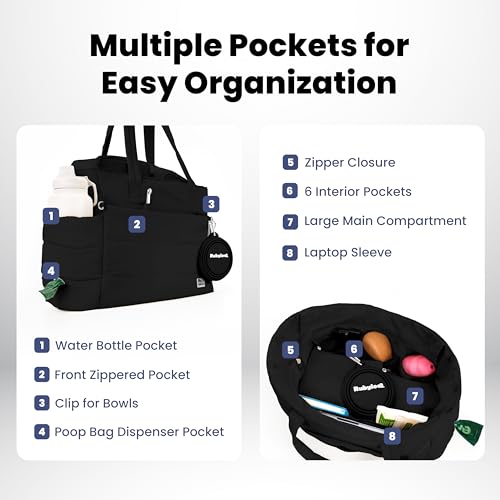 Image of rubyloo Puffer Dog Travel Bag for Dog Moms - Doggy Diaper Bag with Pet Bowls & Food Storage or Everyday Puffy Tote - Doggy Mom Gifts for Women - Lightweight, Travel-Ready Gift for Pet Lovers - Black