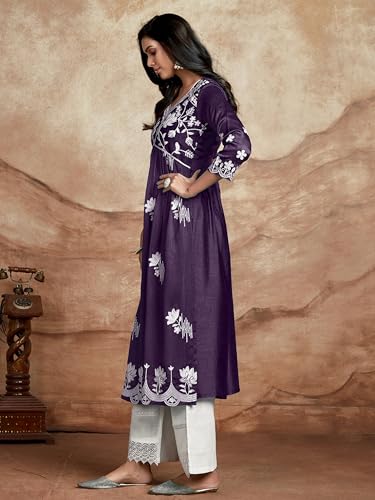 Image of EthnicJunction Women's Silk Blend Regular Fit Chikankari Embroidered Naira Cut Kurta