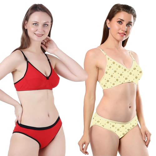 Image of Solid Printed Polka Cotton Bra & Panty Lingerie Set Combo for Women S to 3XL