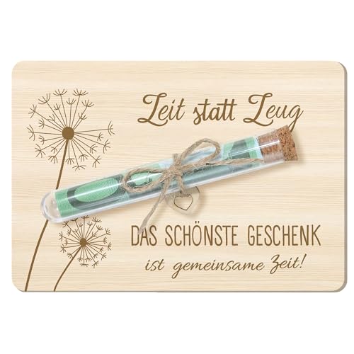 Zeit statt Zeug Zeit Statt Zeug Gutschein Geldgeschenke Verpackung mit Reagenzgläser Lustige Geldverpackung Wunscherfüller Pusteblume Holz für Geburtstag Hochzeit Jugendweihe (Zeit statt zeug)