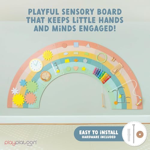 Image of Play Platoon Kids Sensory Wall Panel, Activity Wall Busy Board Toys for Toddlers 1-3, Sensory Board - 64x32 inch Neutral Wooden Rainbow with 11 Activities for Montessori Playroom