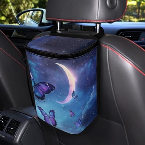 Image of Talayituse Butterfly Moon Cloud Galaxy Print Car Trash Can with Lid, Leak Proof Auto Trash Bag Hanging Vehicle Garbage Can Multipurpose Storage Container for Back Seat Road Trip