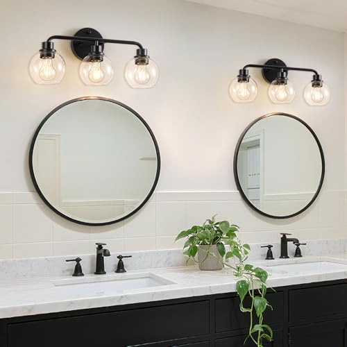 Image of Bathroom Light Fixtures Black Vanity Light, 3 Light Modern Wall Sconces Lighting Bathroom Lights with Globe Clear Glass Shades, Bath Wall Lights Wall Lamp for Mirror Kitchen Living Room Hallway | Wall Sconces Lighting with Globe Clear Glass Shades, Bath Wall Lights Wall Lamp for Mirror Kitchen Living Room Hallway