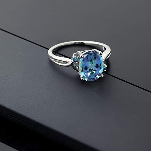 Gem Stone King 925 Sterling Silver Millennium Blue Mystic Topaz and Blue Diamond 3 Stone Ring For Women (3.03 Cttw, Oval 10X8MM, Gemstone Birthstone, Available In Size 5, 6, 7, 8, 9)4