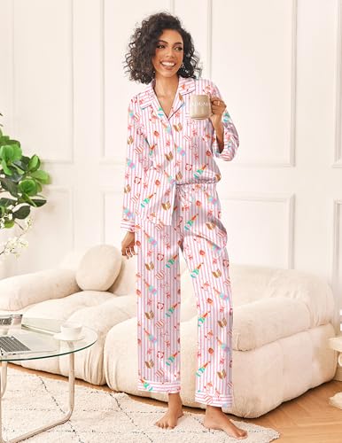 Image of Ekouaer Womens Silk Satin Pajama Sets 2 Piece Sleepwear Pjs Set Long Sleeve Button Down Top and Pants Stripe Loungewear S-XXL