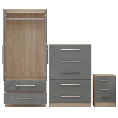 Unique Furnishings Grey Gloss Three Piece Bedroom Furniture Set - Bedside, Chest, Wardrobe - Image 8