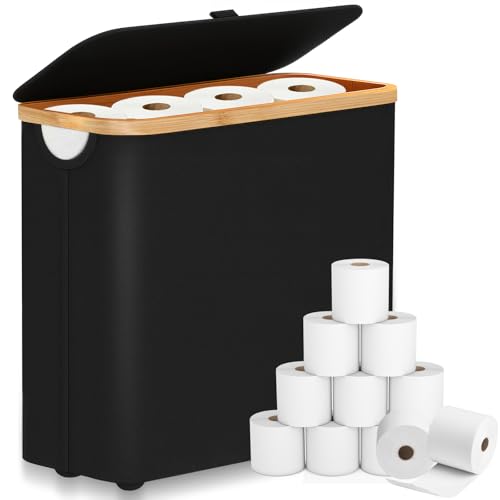 KDISHKRA 28L Boite Rangement Papier Toilette avec Couvercle - jusqu'à 9-12 Rouleaux, Range Papier Toilette Pliable et Empilable, Bambou Panier à Papier...
