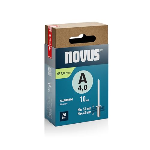 Novus Tools Aluminium-Blindnieten Ø 4,0 mm, 10 mm Länge, 70 Nieten, 5,0-6,5 mm Klemmlänge, ideal zur Befestigung von Nichteisen-Metall, Kunststoff, Leder und Stoffe