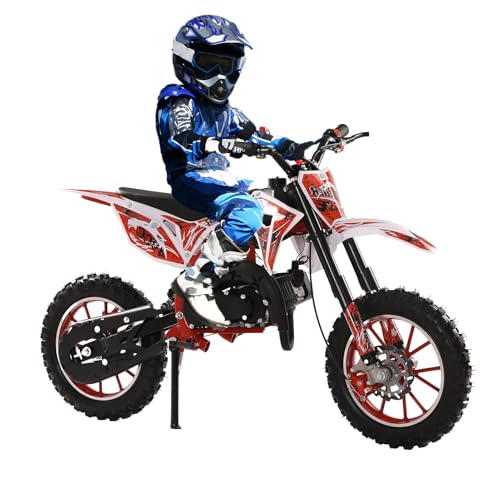loyliawa 49cc Kids Dirt Bike - Gas Powered Motocross Motorcycle for Boys & Girls Ages 8-12, Off-Road Mini Bike with Dual Disc Brakes & 40KM/H Max Speed - Perfect Children's Day/Birthday Gift Red