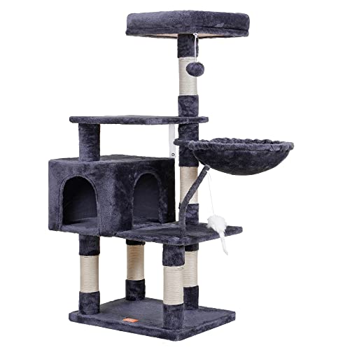 Image of Heybly Cat Tree with Toy, 43.3 inch Cat Tower for Indoor Cats HCT004G | Cat Condo with Durable Sisal Scratching Posts, Cat House with Padded Plush Perch, Cozy Hammock, Smoky Gray
