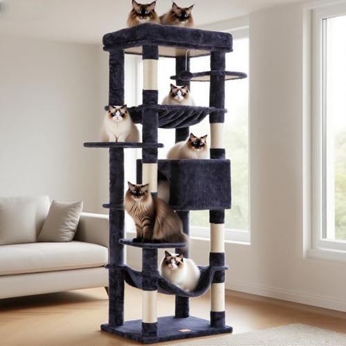 Image of Heybly Cat Tree for Large Cats 20 lbs, 69 inches Cat Tower HCT031G | Heavy Duty Cat Condo for Indoor Cats, Multi-Level Furniture with Big Padded Plush Perch, Cozy Basket, Smoky Gray