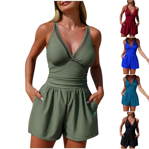 Women's One Piece Swimsuit V Neck Swimming Costume with Shorts Zipper Up Modest Mesh Panel Swimming Suits Athletic Surfing Swimwear Slim Fit Tummy Control Bathing Suit with Pockets Army Green