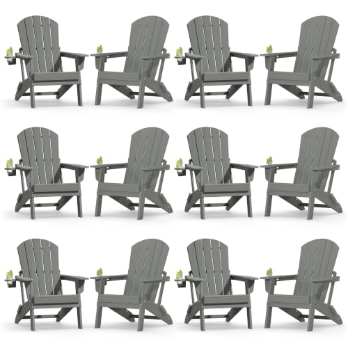 Image of Plawdlik Folding Adirondack Chair 12-piece Set, Cup Holder, Gray | pin-free folding, 38-in tall back, Wood-grain All-weather HDPE; for fire pit, poolside, deck, backyard, patio