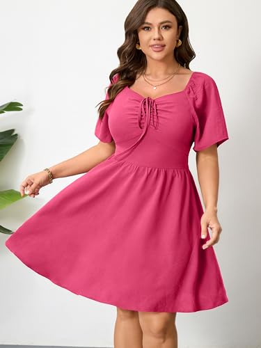 Image of RWJ Women Plus Size Summer Dress Short Sleeve Tie Front Sweetheart Neck Casual Mini Wedding Guest Dresses 2025
