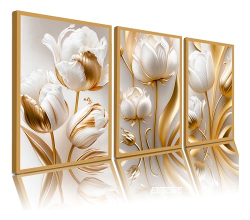 Quadro Decorativo Flores Tulipas Brancas Douradas Sala Hall