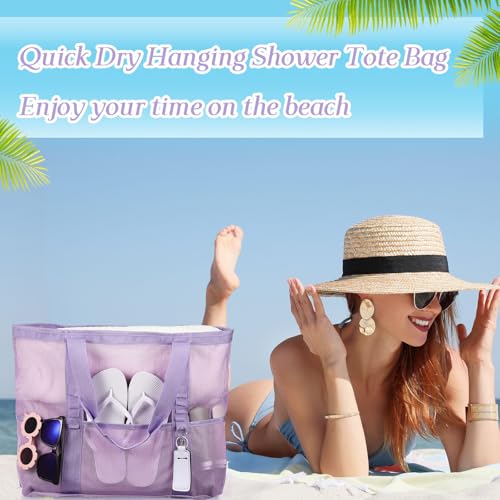 Image of Hillban Large Beach Mesh Bags Bulk for Women Beach Tote Bag with 8 Pocket Zipper Waterproof Sandproof for Pool Cruise Ship