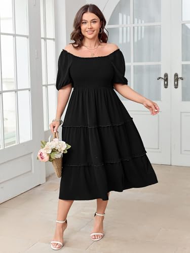 Image of Women's Plus Size Wedding Guest Dress Midi Smocked Square Neck Short Sleeve Tiered Ruffle Casual Dresses