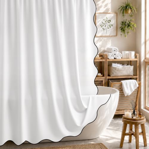 Bathway White Shower Curtain with Black Scalloped Edge Fabric Shower Curtains Sets with 12 Metal Hooks Thick Cloth Bathroom Curtains Water Repellent 72 x 72 Inches