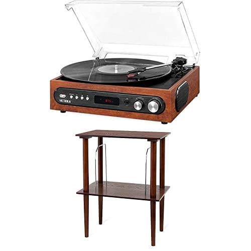 Victrola 3-in-1 Bluetooth Record Player with Built in Speakers and 3-Speed Turntable, Espresso & Victrola Wooden Stand for Wooden Music Centers with Record Holder Shelf, Espresso