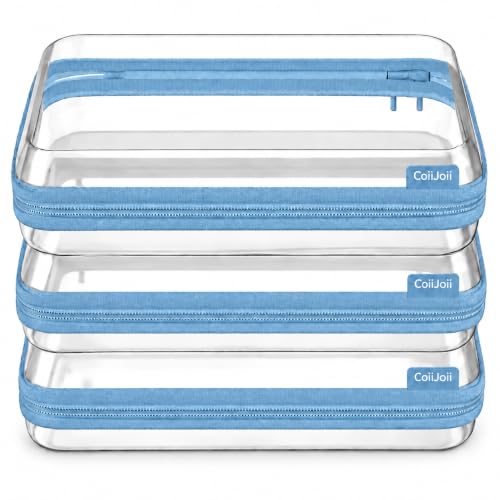 CoiiJoii 3PCS Large Clear Hard Shell Zippered Case, Diaper Bag Organizing Pouches, Waterproof Cosmetic Bag, Storage Organizer Bins. Blue