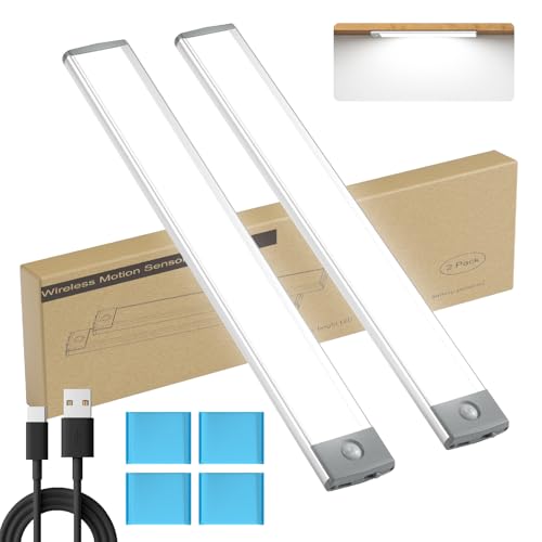 LEPOTEC 2 Pack Under Cabinet Lighting 54 LED Motion Sensor Light Indoor 2500mah Rechargeable Under Counter Lights Wireless Magnetic Battery Operated Closet Night Lights for Kitchen Bedroom Stairway