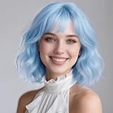 SUKRI Pastel Light Blue Bob Wigs with Bangs for Women Loose Wavy Wig 12 Inch Shoulder Length Bob Synthetic Cosplay Wig for Girls Colorfed Costume Wigs (Light Blue)
