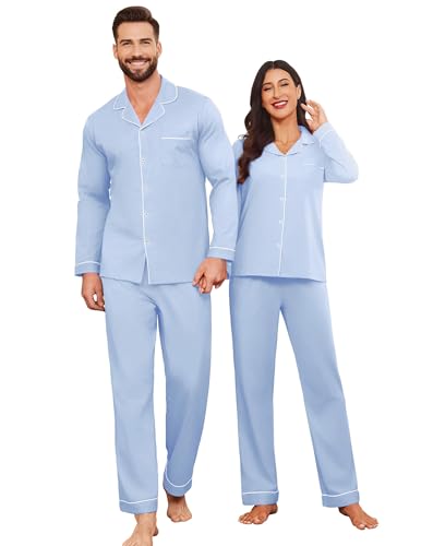 Ekouaer Couple Matching Pajamas 100% Cotton Long Sleeve Sleepwear Button Down Loungewear Pjs Set S-XXL