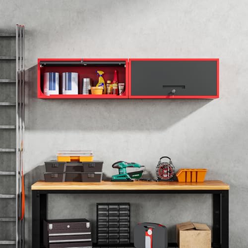 Image of Yizosh Metal Wall Cabinet with Doors, Wall Mounted Storage Cabinet, Floating Tool Cabinet for Kitchen, Basement, Warehouse (Red Black, 13.7 inch H)