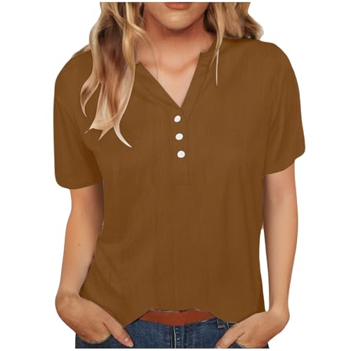 Womens Linen Button Down Shirts Short Sleeve V Neck Tshirts Light Weight Plain Blouses Casual Loose Fit Tunic Tops