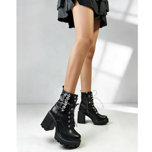 Image of MEOTINA Women Platform Boots Black Chunky Heel Ankle Booties Lace Buckle Combat Boots with Zipper High Heel Goth Shoes