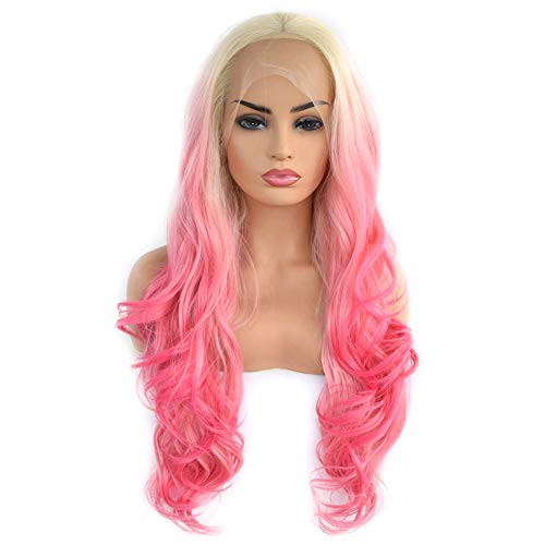 RELAS Blonde Pink Wigs for Women Girls 24" Long Loose Wave Glueless Synthetic Lace Front Wig Half Hand Tied Heat Resistant Hair Light Pink Ombre Color