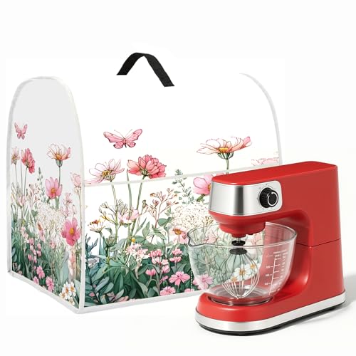 Image of Kitchen Dust Cover Compatible with 4.5 5 6 8 quart Stand Mixer, Kitchen Appliance Protective Covers with Top Handle and Pocket (Pink Wildflower Meadow, For All 6-8 qt Mixer)